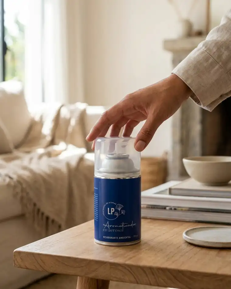 Mano colocando un aerosol aromatizante en una sala luminosa