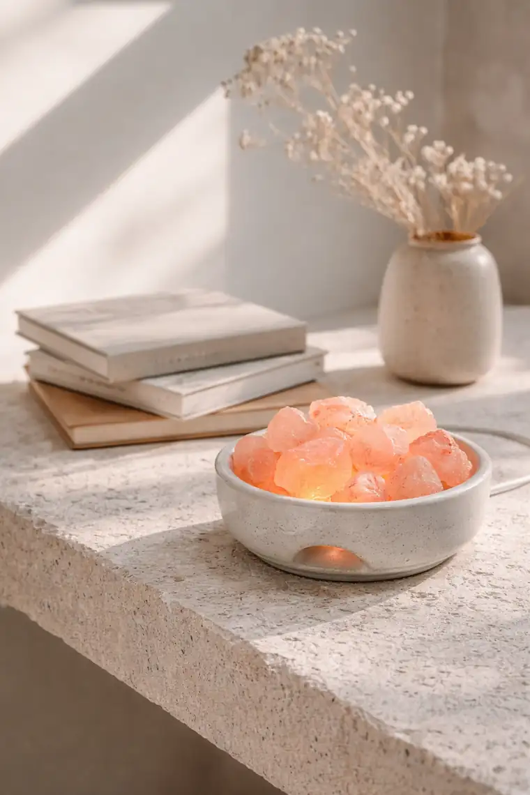 Lámpara de sal aromática sobre una mesa de piedra
