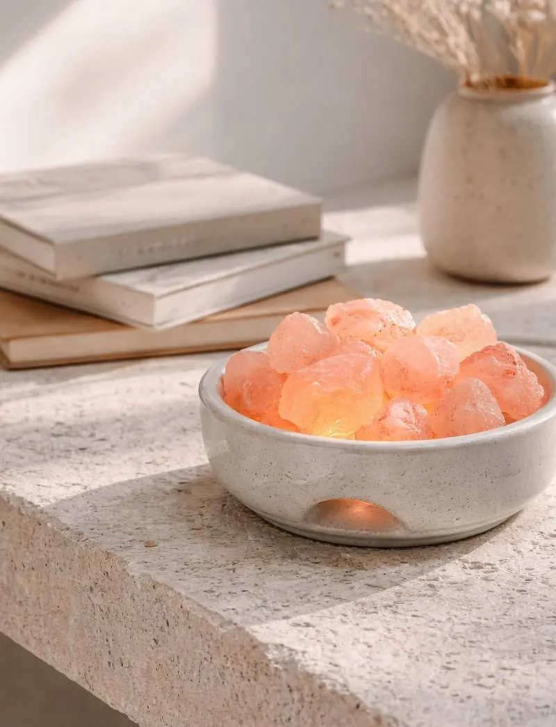 Lámpara de sal aromática encendida sobre una mesa de piedra junto a libros y flores secas